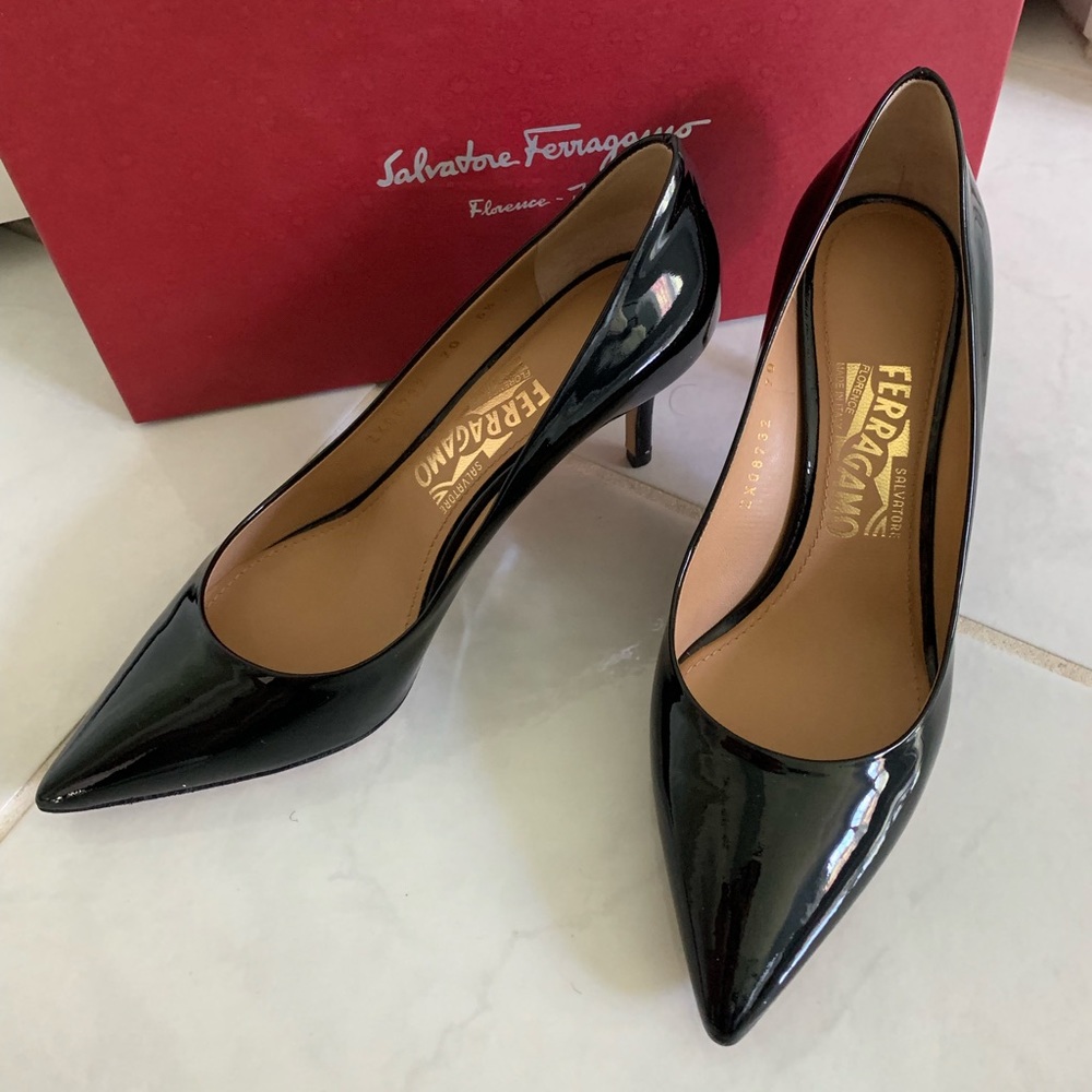 Salvatore Ferragamo patent pointed pumps